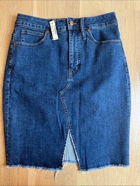 Madewell Dark Blue Straight Leg Jeans Skirt with Frayed Hem